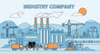 © Vector Labs - Industrial factory complex with cranes workers smokestacks and trucks Manufacturing line art background