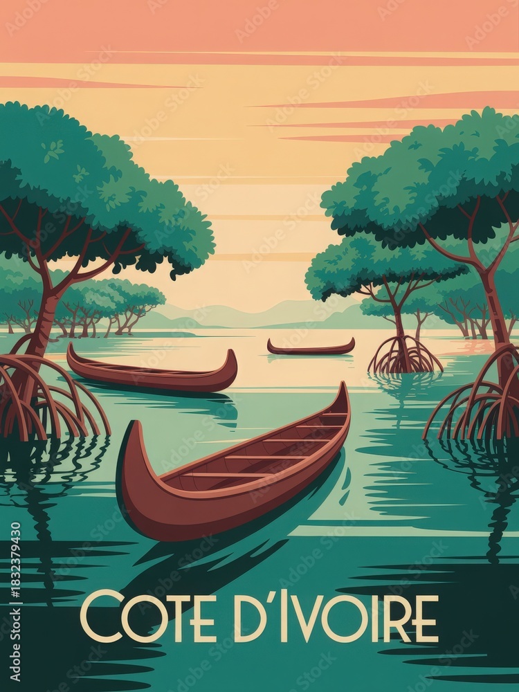 Quiet evening scene shows several traditional boats gently floating on still water in Cote dIvoire. Lush mangrove trees surround the boats as the sky glows with warm sunset colors.