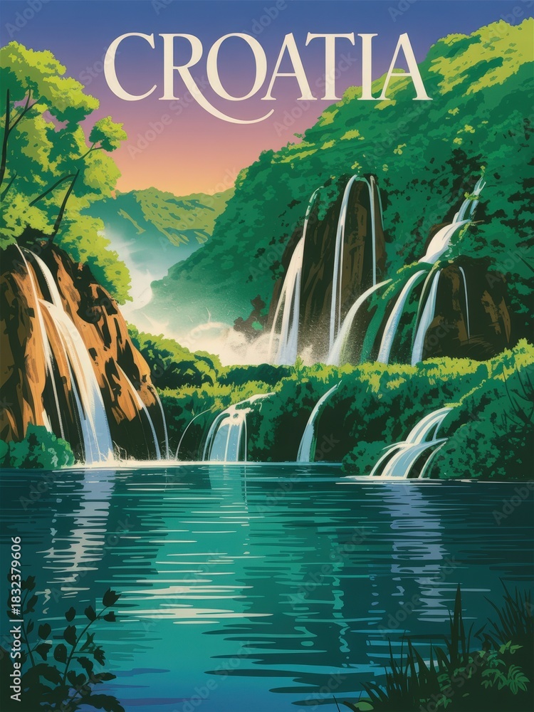 Majestic waterfalls cascade down rocky cliffs, surrounded by vibrant green foliage. The serene water reflects the colorful sunset sky, creating a peaceful atmosphere in a Croatian natural setting.