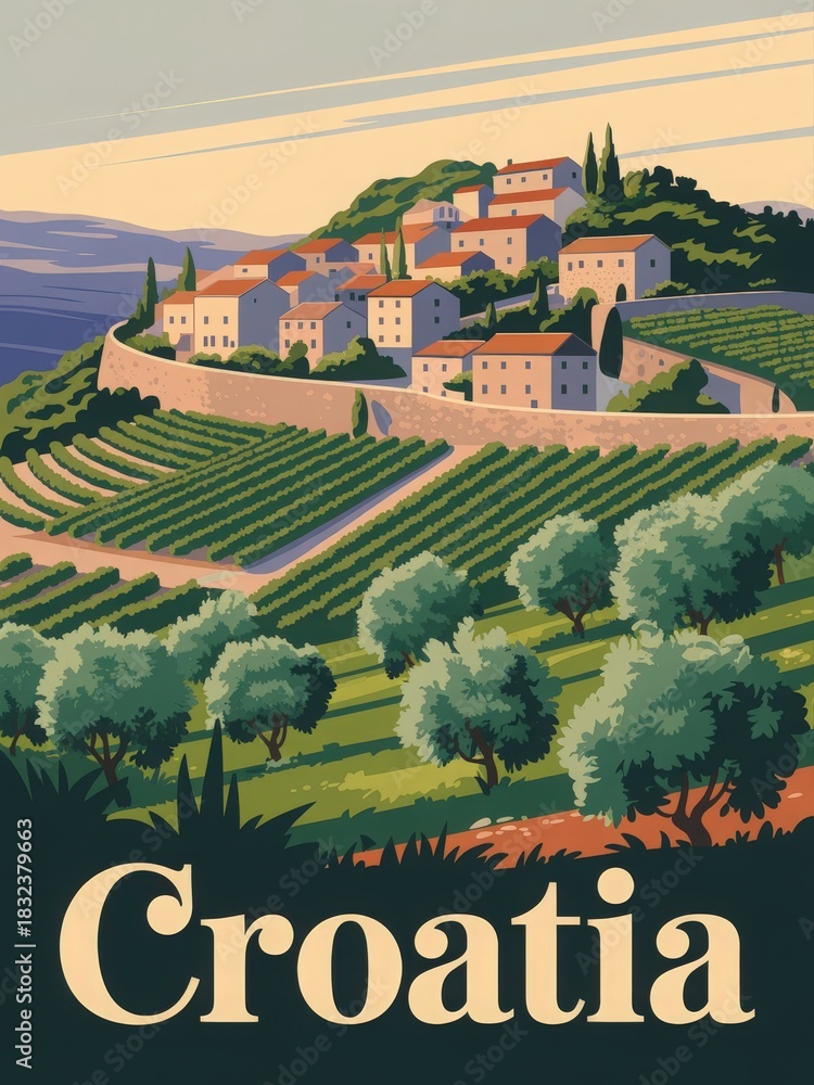 A scenic view of Croatia showcases a hillside village surrounded by beautiful vineyards. The sun sets, casting warm hues over the landscape, creating a tranquil atmosphere.