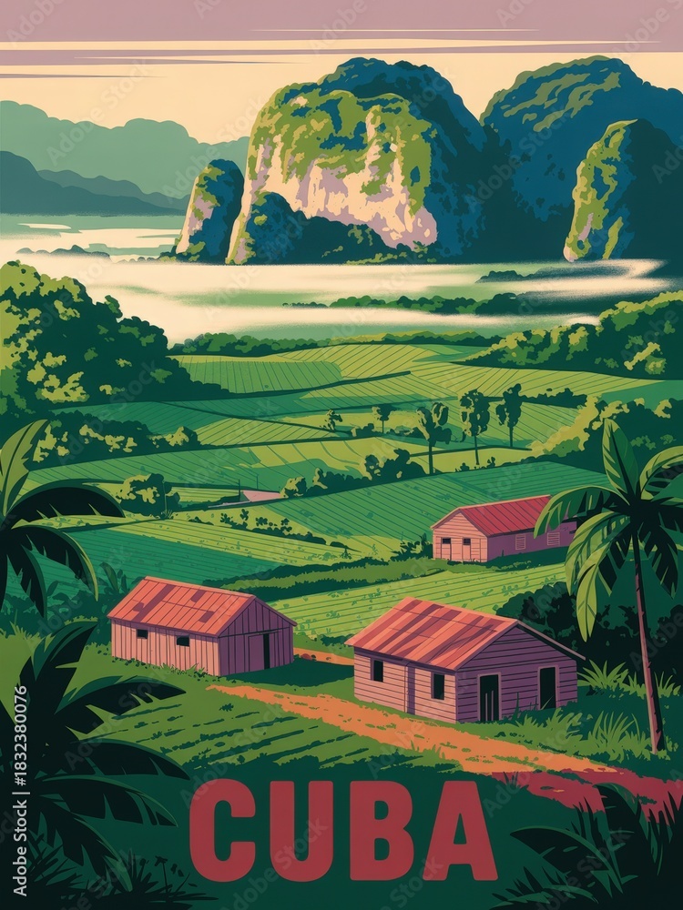 Lush green mountains and agricultural fields surround rustic wooden houses in this beautiful Cuban landscape. Morning mist blankets the valleys, creating a serene atmosphere.