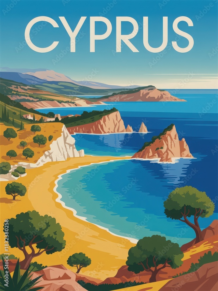 The image features a stunning view of Cypruss coastline, with golden beaches, lush greenery, and clear blue waters. The distant mountains add to the natural beauty of this Mediterranean paradise.