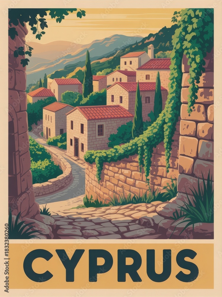 A scenic view of a charming village in Cyprus showcases quaint stone houses and lush greenery. The sun sets behind the mountains, casting warm tones over the landscape and inviting exploration.