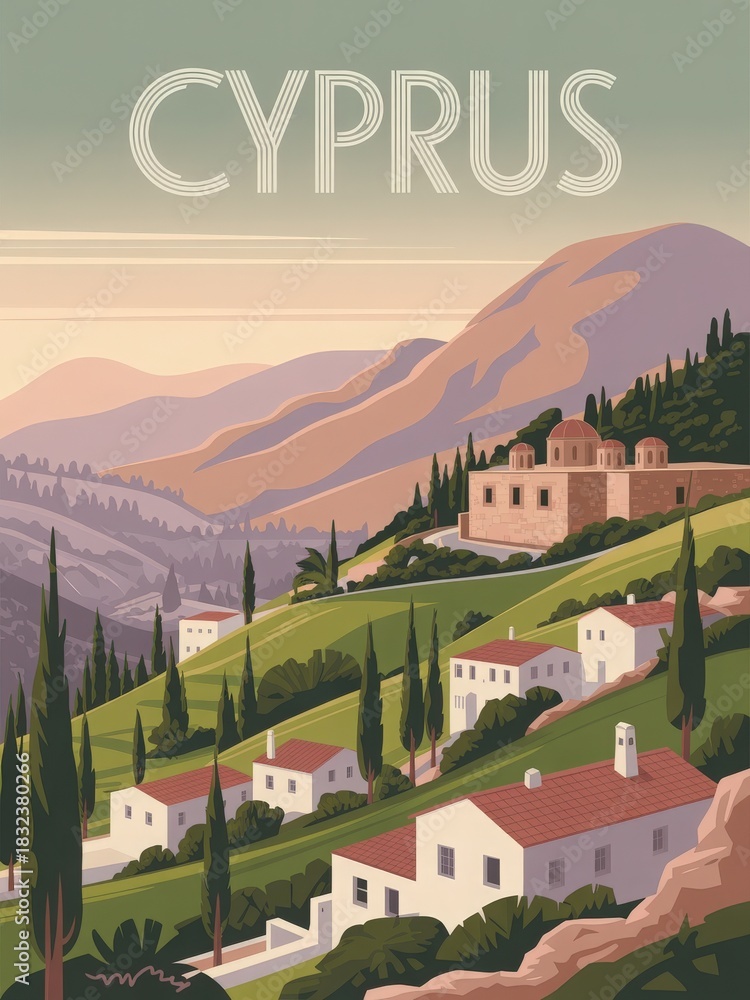Rolling hills covered in lush greenery surround charming white houses with red roofs. Ancient structures dot the landscape, embodying the rich history of Cyprus at sunset.
