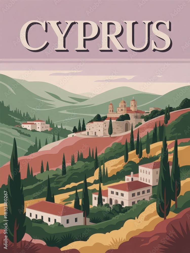 Rolling hills of Cyprus showcase a picturesque landscape with vibrant greenery, buildings nestled among trees, and a serene sky in the background. The scene captures tranquil rural life.
