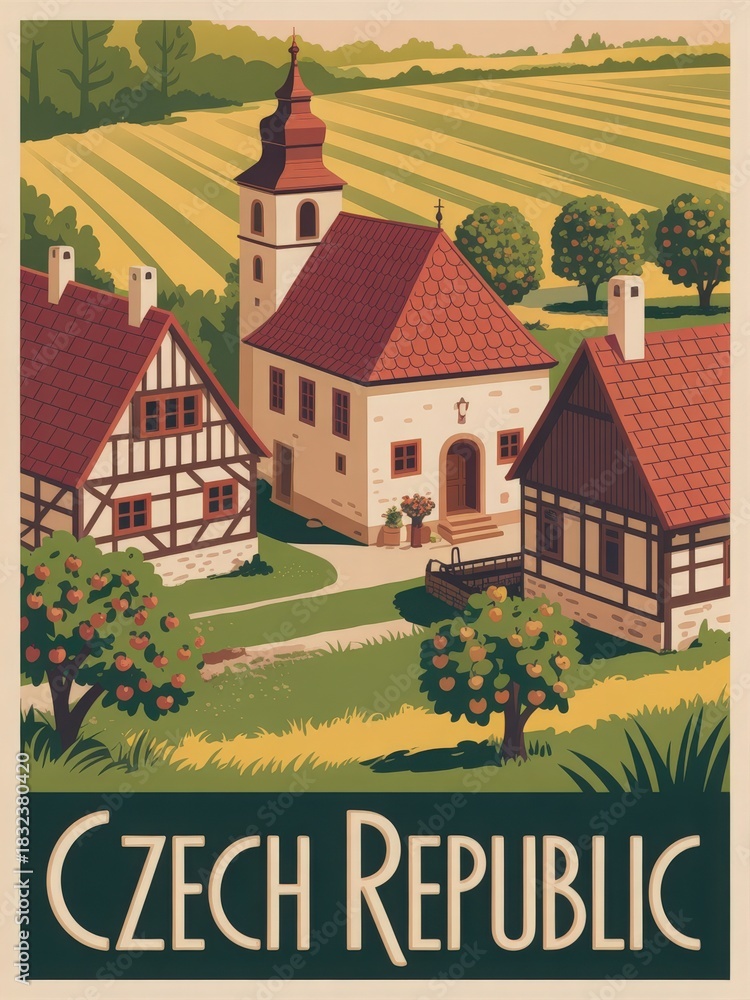 A picturesque village in Czech Republic with charming houses and beautiful landscapes. Rolling fields surround the quaint buildings, showcasing rich greenery.