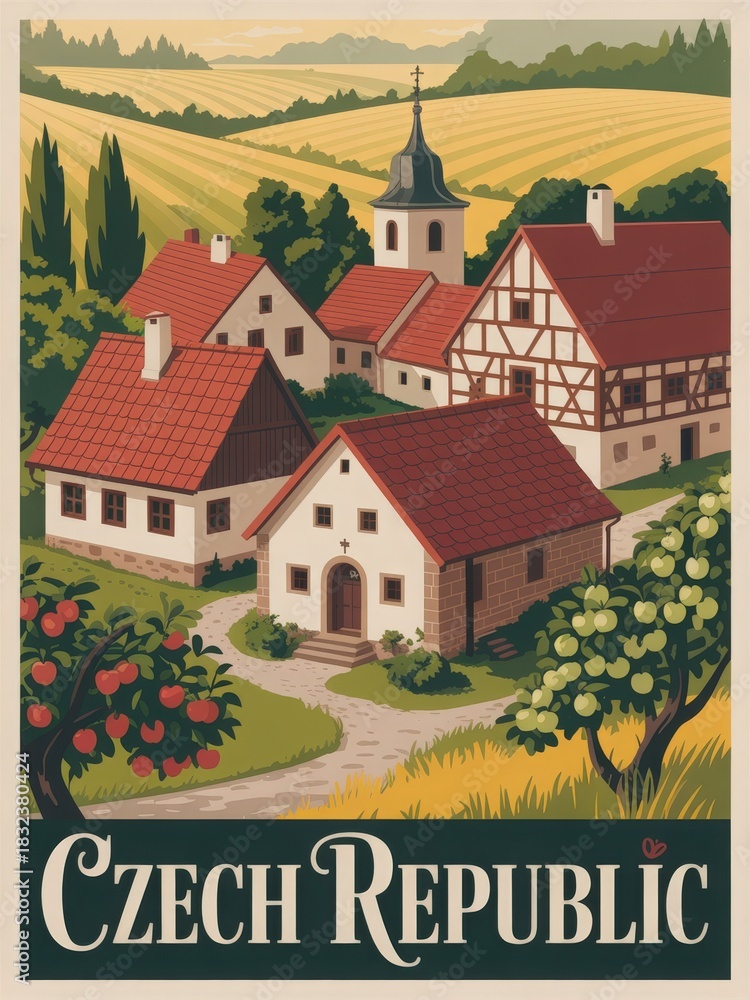 Charming village scene in the Czech Republic displaying quaint architecture, rolling hills, and lush fields.