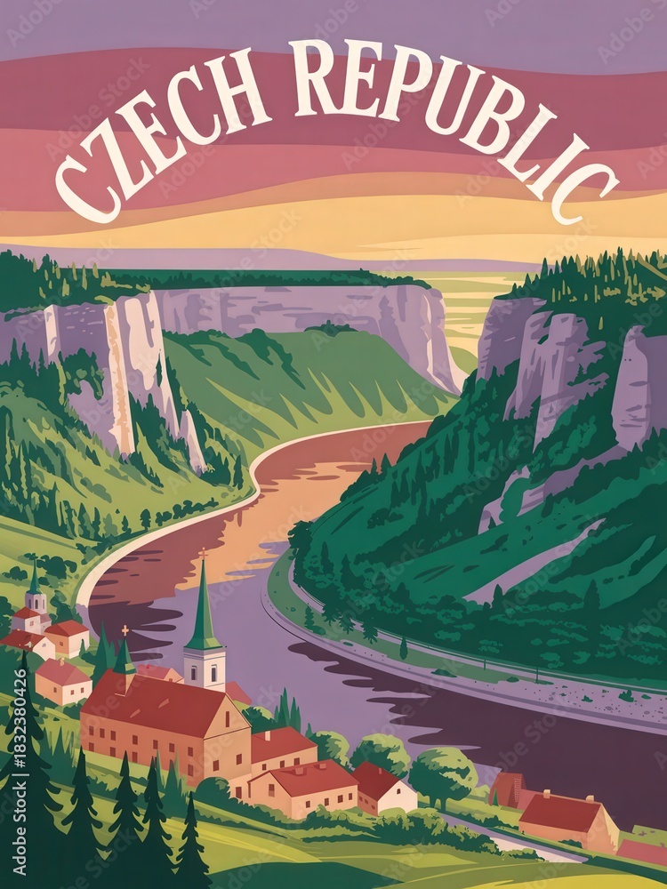 A vibrant landscape shows a river winding through green hills and cliffs, with quaint houses and a church nestled at the base.