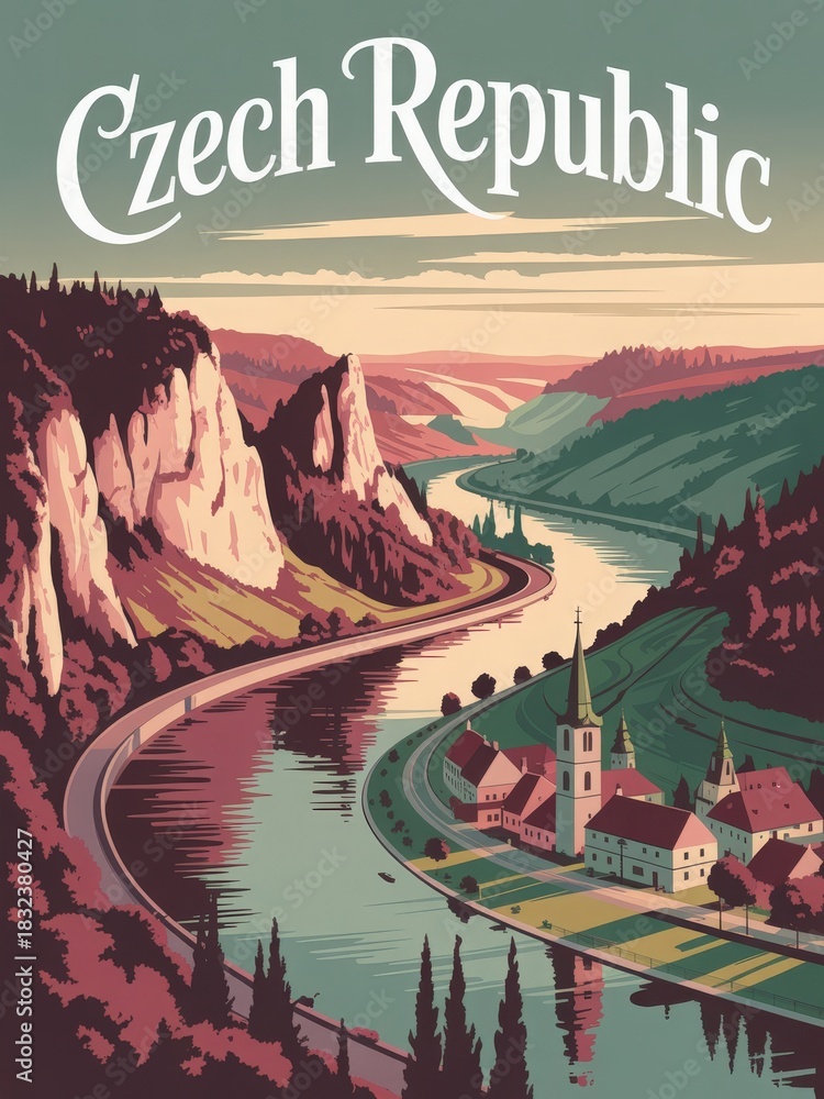 A beautiful landscape depicts a winding river surrounded by rocky cliffs and lush forests.