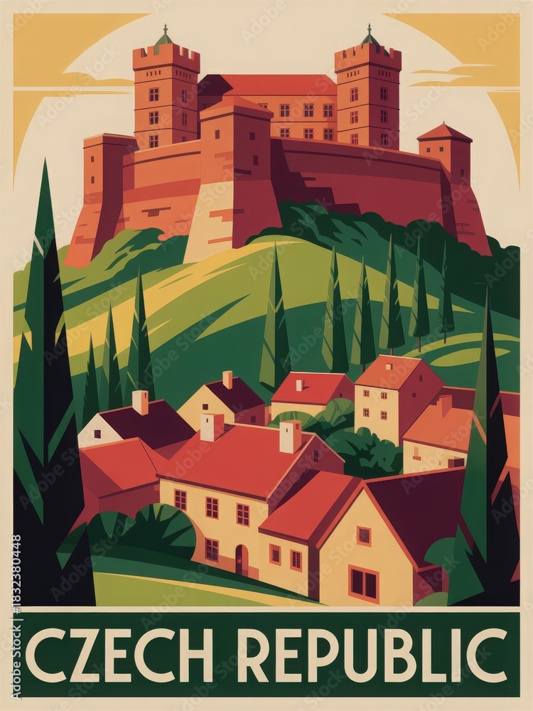 A majestic castle stands on a hilltop, surrounded by lush trees and greenery, overlooking a charming village with red-roofed houses. The scene is bright, capturing the beauty of the Czech Republic.