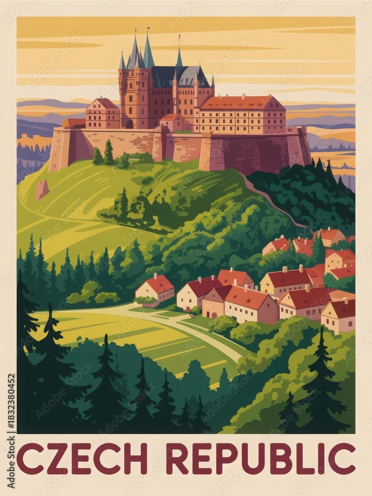 A stunning castle sits atop a lush green hill in the Czech Republic, surrounded by vibrant forests and a charming village below. The sunset casts warm colors over the landscape.