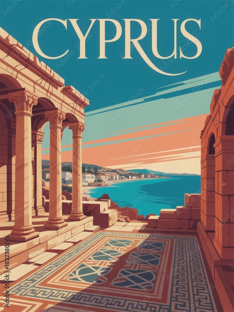 The scene showcases stunning columns of ancient architecture overlooking a tranquil coastline. A vibrant sunset enhances the beauty of Cyprus, creating a serene atmosphere.