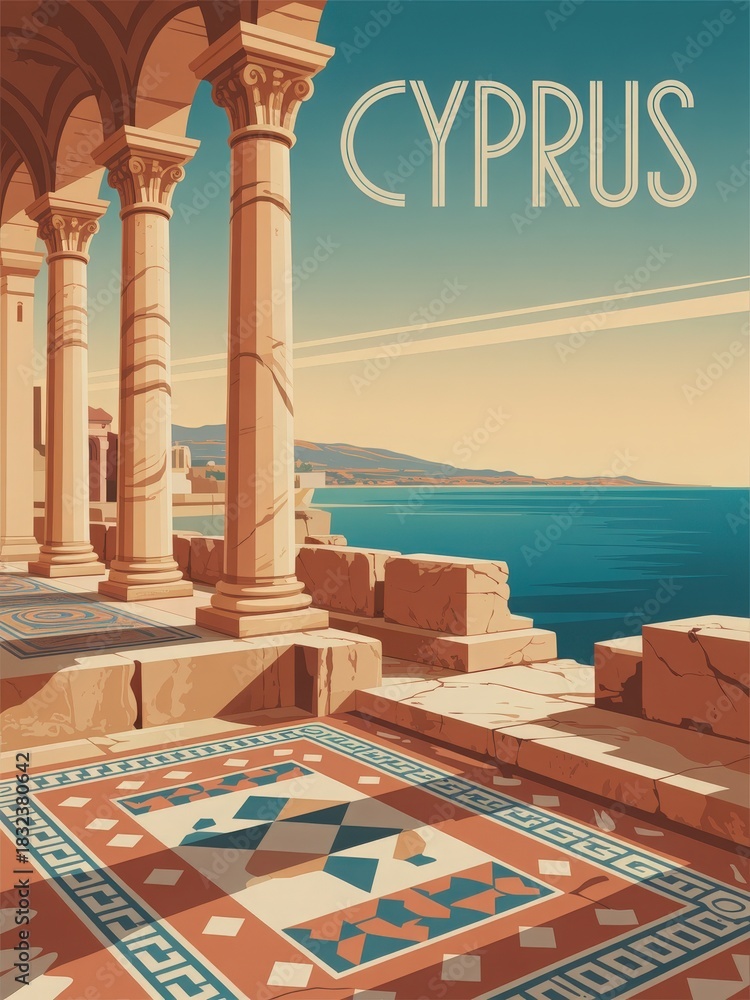 The elegance of ancient architecture on the coast of Cyprus, showcasing grand columns and intricate mosaics with serene water views under a clear sky.