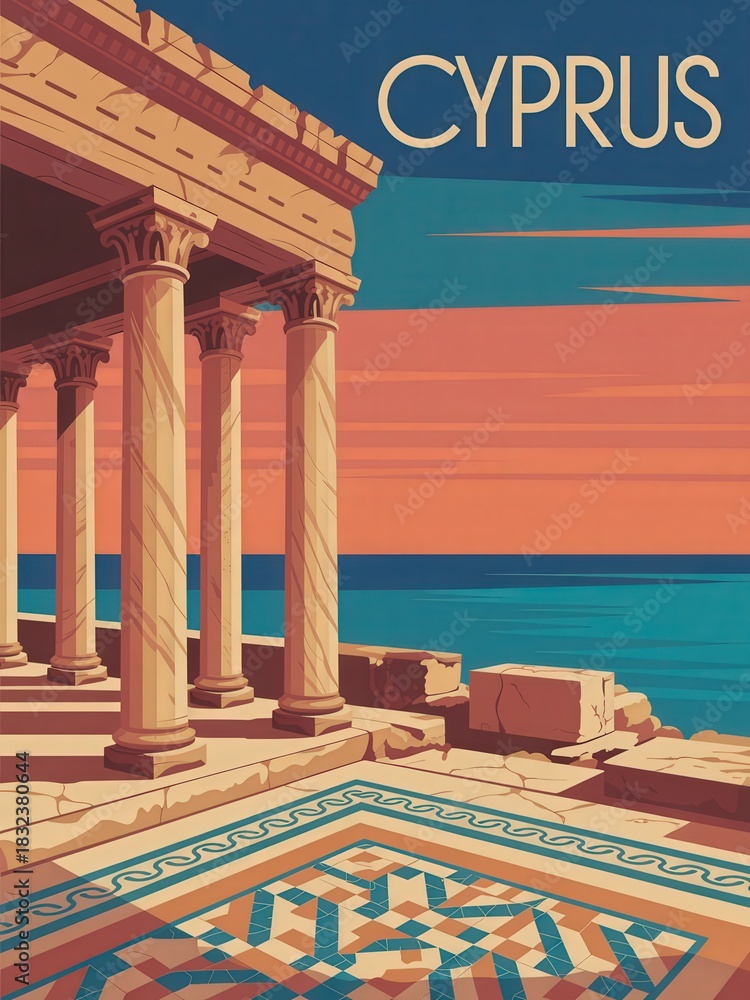 Sunset casts a warm glow over ancient columns beside the sea in Cyprus. An intricate mosaic decorates the ground, showcasing stunning geometric patterns. The tranquil scene invites relaxation.