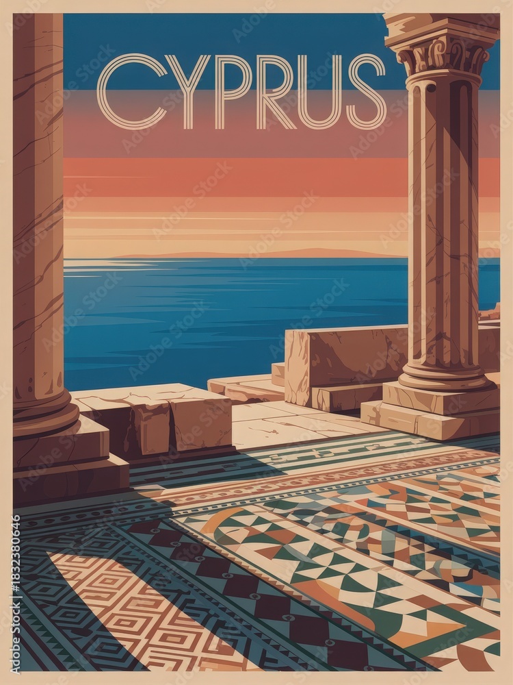 Vibrant colors fill the sky as the sun sets over the Mediterranean Sea. Ancient columns and intricate mosaics offer a glimpse into the rich history of Cyprus, creating a serene atmosphere.
