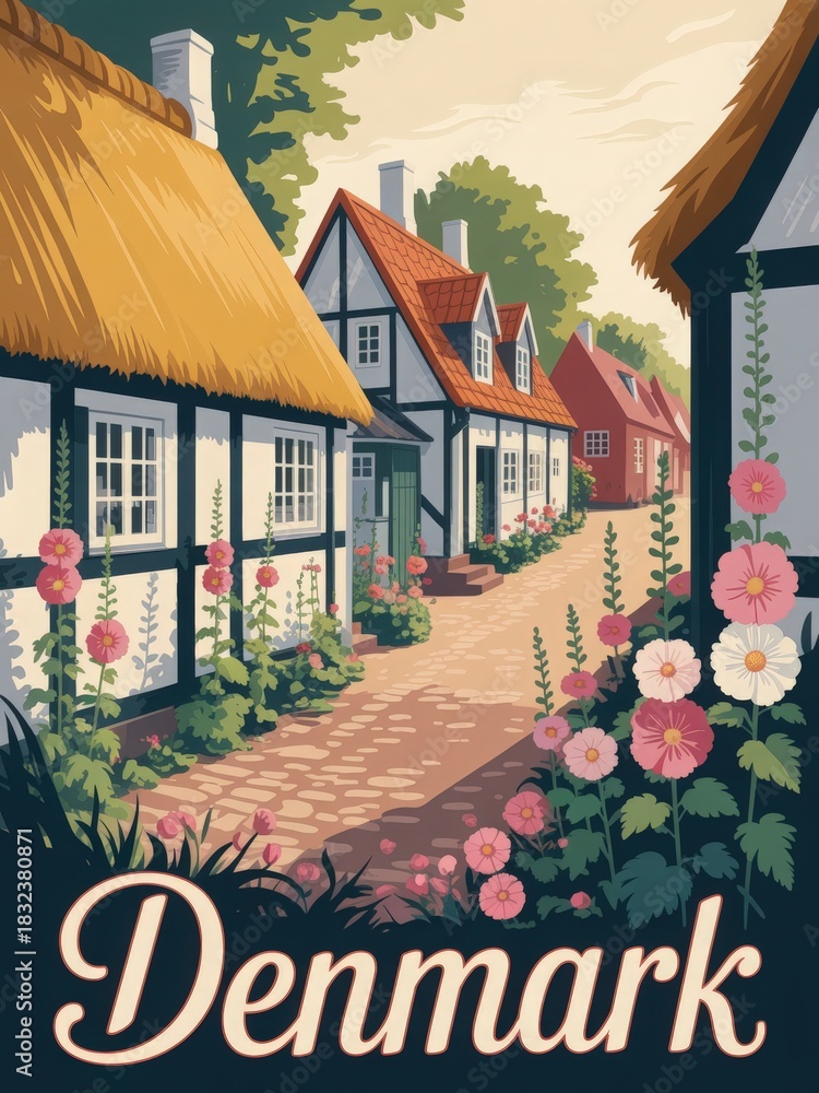 This scene showcases a picturesque village in Denmark, featuring quaint thatched-roof houses flanked by vibrant flowers. A peaceful pathway invites exploration under a warm sky.