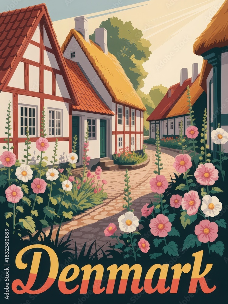In a picturesque village in Denmark, thatched-roof cottages line a winding cobblestone path. Colorful flowers bloom in gardens, adding charm to the sunny scene.