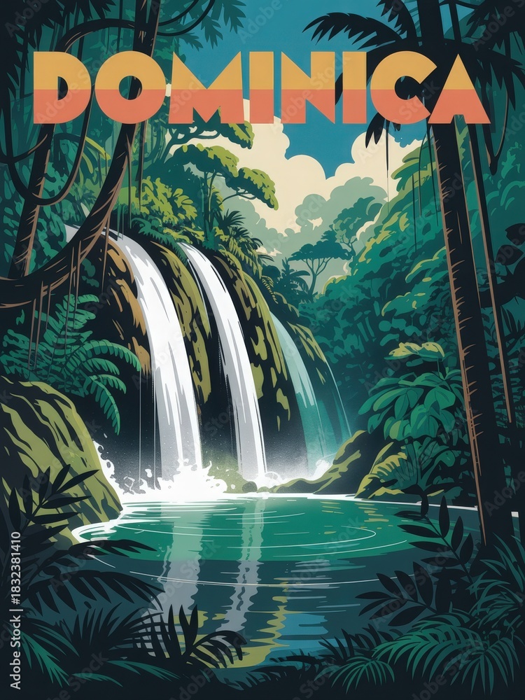 A breathtaking view of waterfalls cascading into a serene pool, surrounded by dense tropical vegetation. Sunlight filters through the trees, creating a peaceful atmosphere in Dominicas wilderness.