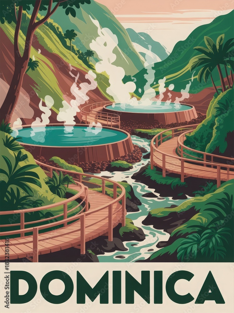 Lush green mountains frame tranquil hot springs in Dominica. Wooden walkways connect steaming pools, creating a peaceful atmosphere. Natures beauty invites relaxation and exploration.