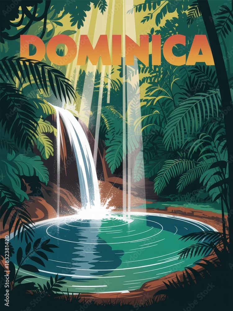 A beautiful waterfall cascades into a serene pool, surrounded by vibrant green foliage. Rays of sunlight penetrate through the dense canopy, creating a peaceful, natural atmosphere.