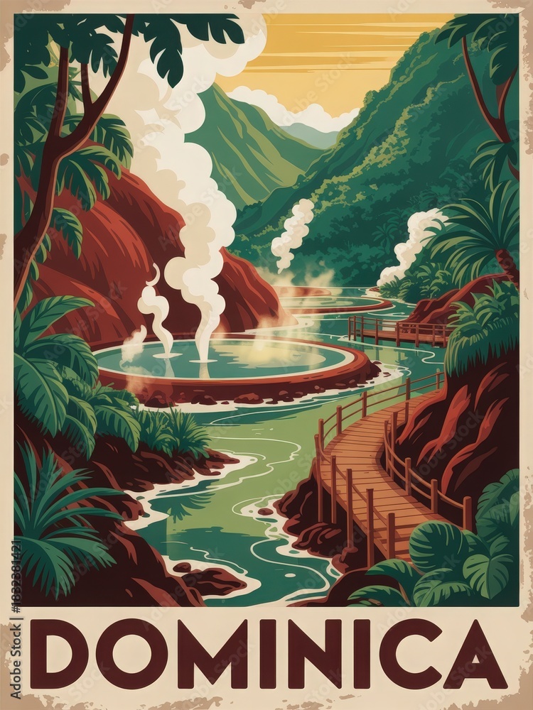 This vibrant scene depicts the natural beauty of Dominica, featuring geothermal springs surrounded by mountains and lush vegetation. The lush landscape invites outdoor exploration and tranquility.