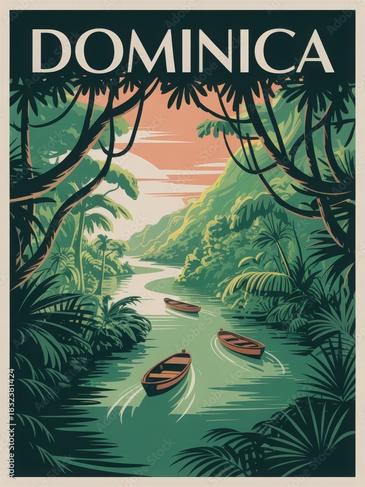Calm boats glide through a winding river surrounded by vibrant greenery and hills in Dominica at sunset. The scene captures the natural tranquility of this Caribbean paradise.