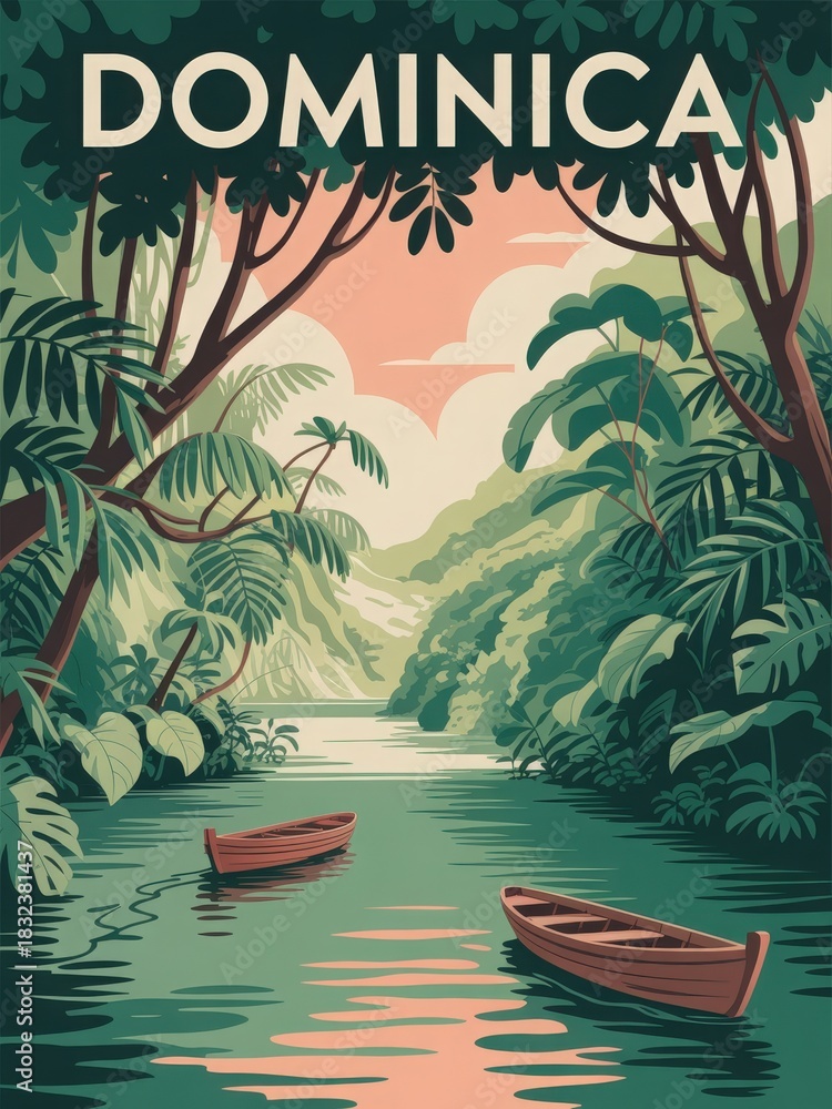 Two wooden boats float peacefully on a calm river in Dominica, surrounded by dense tropical foliage and scenic hills. Soft pastel skies and rich greens create a serene atmosphere.