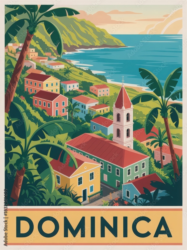 This picturesque scene showcases colorful houses nestled on a hillside overlooking the Caribbean coast of Dominica. Lush greenery surrounds the vibrant village, creating a serene atmosphere.