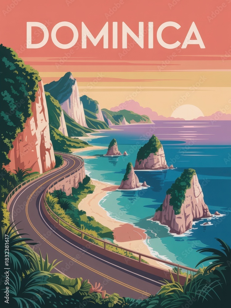 A picturesque scene of Dominica showcases a winding road along the coastline, with lush green cliffs rising above turquoise waters. The sun sets in the background, illuminating the landscape.