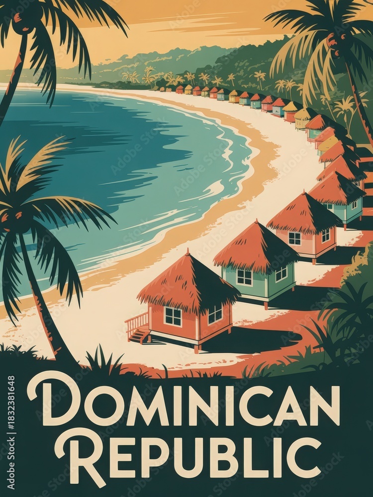 Colorful beach huts with thatched roofs line a sandy shore, surrounded by palm trees. The sunset casts warm hues over the landscape, creating a serene tropical atmosphere.