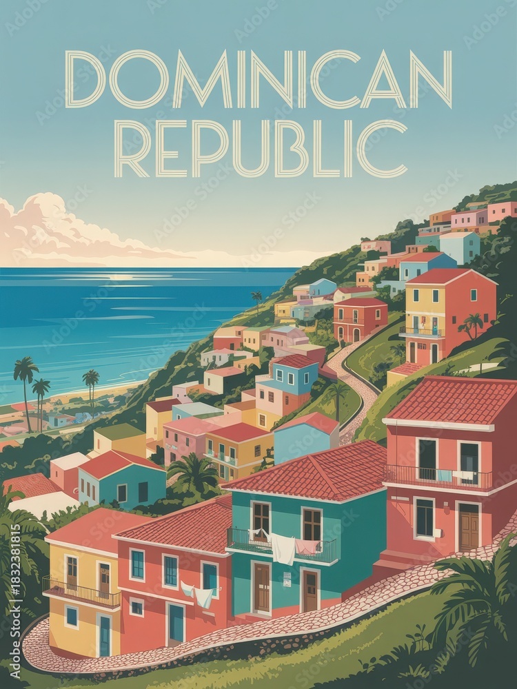 Brightly painted houses line the winding hills, showcasing the vibrant architecture of the Dominican Republic. Palm trees sway gently as waves crash on the shore in the background.