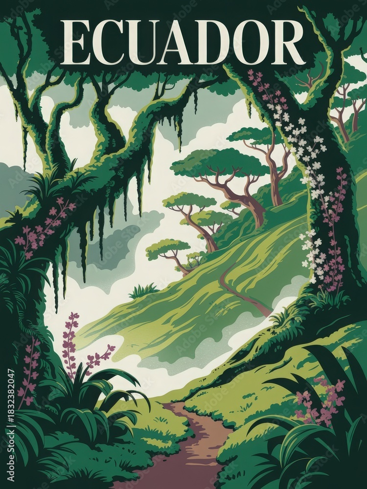 This scene illustrates the lush landscape of Ecuador, featuring dense forest, winding paths, and diverse plants. The atmosphere is misty, highlighting the natural beauty of the region.