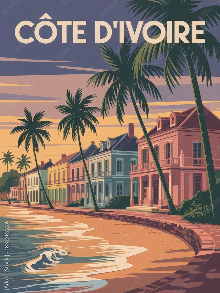Coastal houses painted in bright colors line a sandy beach, with palm trees swaying gently in the breeze. The sun sets in the background, casting warm hues across the sky and water.