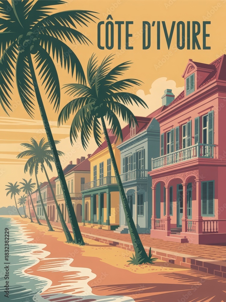 A view of colorful colonial-style houses lining a sandy beach in C?te dIvoire. Tall palm trees sway gently against a vibrant sky, capturing the essence of coastal life by the ocean.