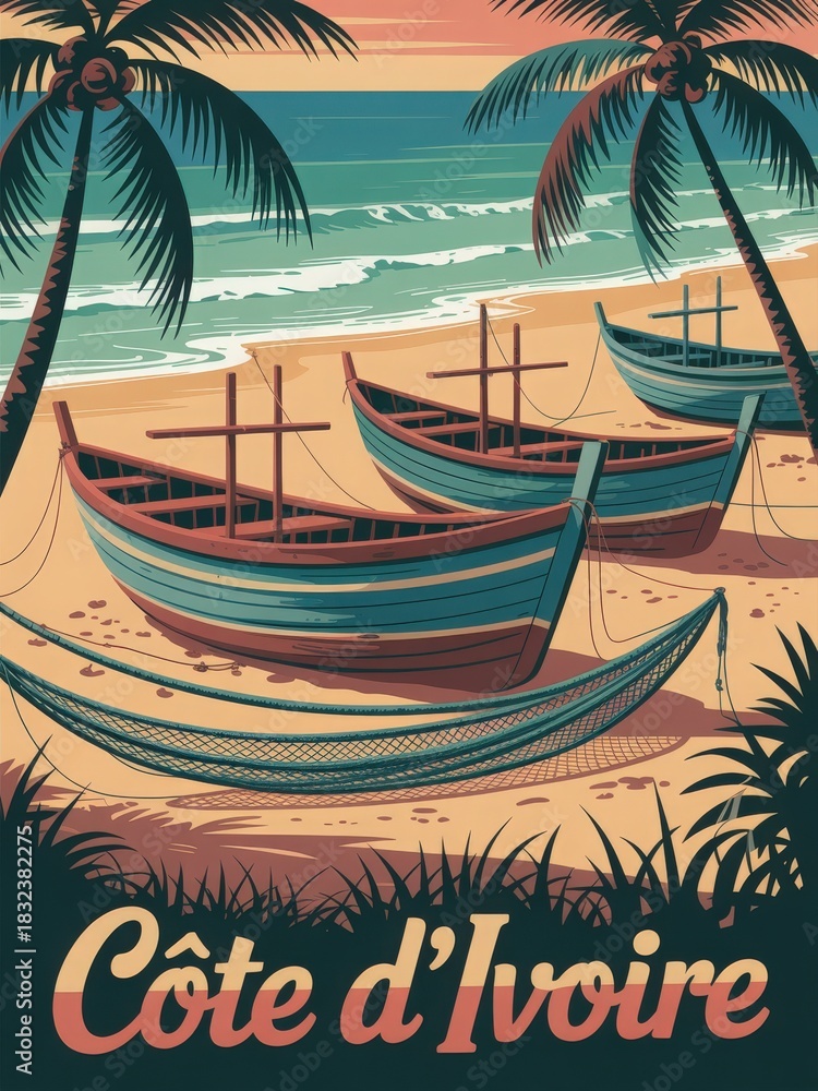 Colorful boats rest on the sandy beach surrounded by palm trees in C?te dIvoire. The sun sets on the horizon, creating a tranquil atmosphere for relaxation and leisure by the sea.