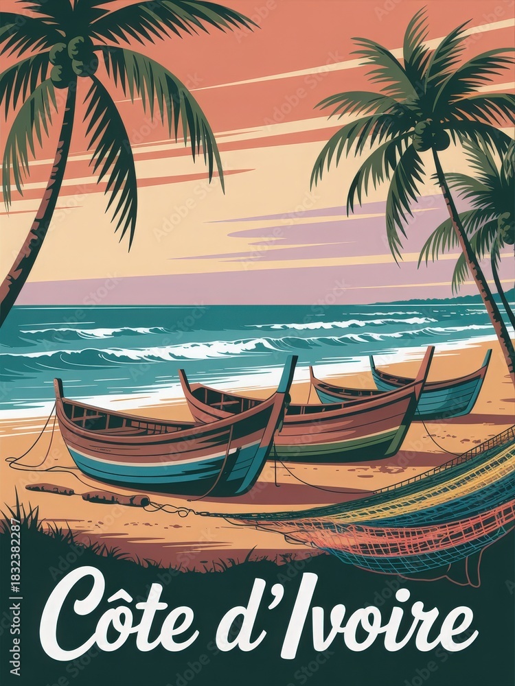 Colorful wooden boats sit on a sandy beach in C?te dIvoire as gentle waves lap at the shore. Palm trees frame the scene under a warm, colorful sky at sunset.