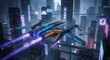 © twilight mist - Futuristic spacecraft with glowing neon accents traverses a dense, illuminated metropolitan environment.