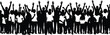 © MstMaher - Crowd celebration silhouette vector set, black raised arms, unity pose, diverse people clipart, joyful gathering icon, community action illustration