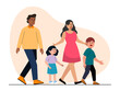 © roundsquid - A mother, father, son, and daughter walking together. Big family vector illustration. Flat illustration.