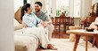 © peopleimages.com - Happy, conversation and couple on sofa in home for connection, bonding and relax together. Weekend, marriage and man with woman in living room talking for commitment, healthy relationship and love