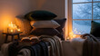 © UrbanRender - A cozy winter reading corner with lit candles, stacked books, and a warm drink by a snowy window