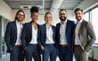 © ye - Happy diverse business team standing in the office. Five cheerful confident successful people in smart casual suits smiling and posing for a group photo all together. Banner. Work and success concept
