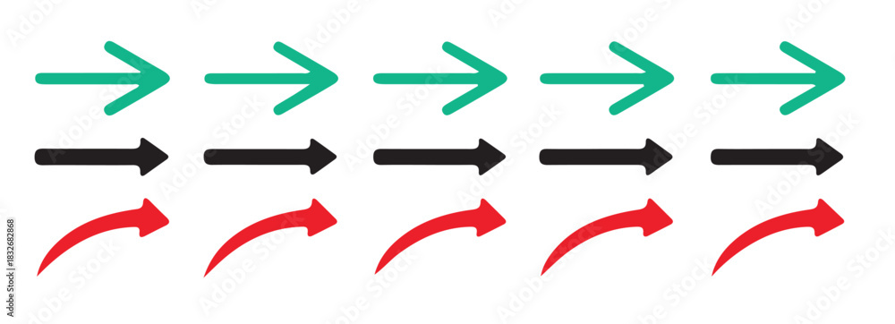 Collection of vector arrows indicating rightward direction with solid ...