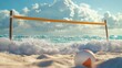 © NUZHAT - Beach volleyball net and ball on a sandy shore with crashing waves and a cloudy sky