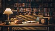 © Graph Squad - Cozy Reading Nook: A warm, inviting corner of a library, with a desk adorned with books, a lamp, and a clock. Bookshelves filled with literature create an atmosphere of knowledge and tranquility.
