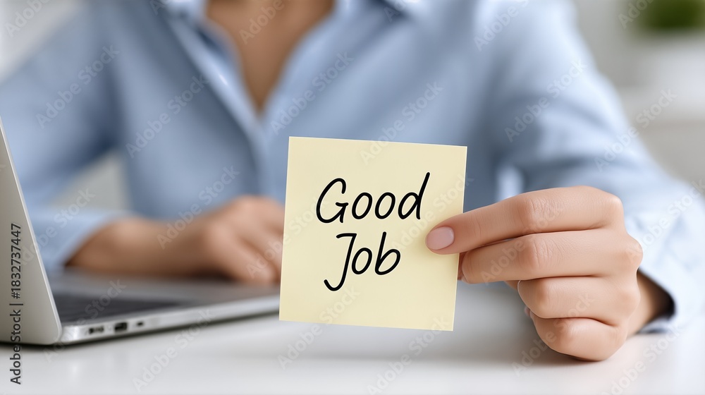 Hand Holding Good Job Sticky Note In Front Of Laptop As Positive ...