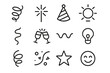 © Innovator587 - Festive Icon Collection. Festive Moments Symbols linear icon set: streamers, sparkler line, celebration hat, glowing orb, ribbon curl, joyful clink icon, festive wave, celebration