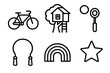 © Innovator587 - Simple Line Icons. Simple Pleasures linear icon set: bicycle, treehouse, bubble wand, skipping rope, rainbow, star