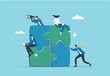 © Premium Shop - Project team collaboration, teamwork, partnership or coworker working together to solve problem and achieve success, cooperation concept, businessman woman colleague working together on jigsaw puzzle.