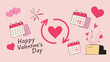 © Pixel Empire - Happy valentines day illustration with hearts calendars and a cycle of love in pink and red colors on a light pink background